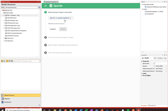 How to select data for importing process maps, processes and organizational structures from Innovator via Bpanda Connector to Bpanda
