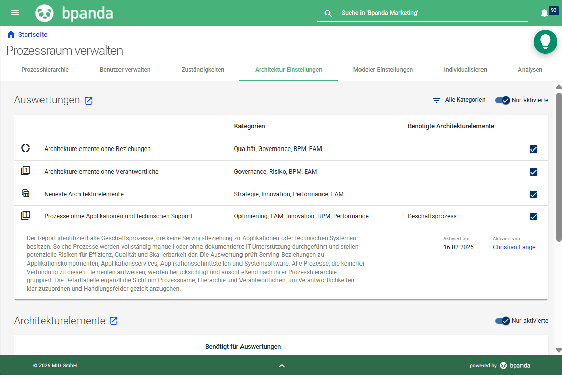 Bpanda Release Februar 2026 | Architektur: Standard-Auswertungen und Architekturelemente