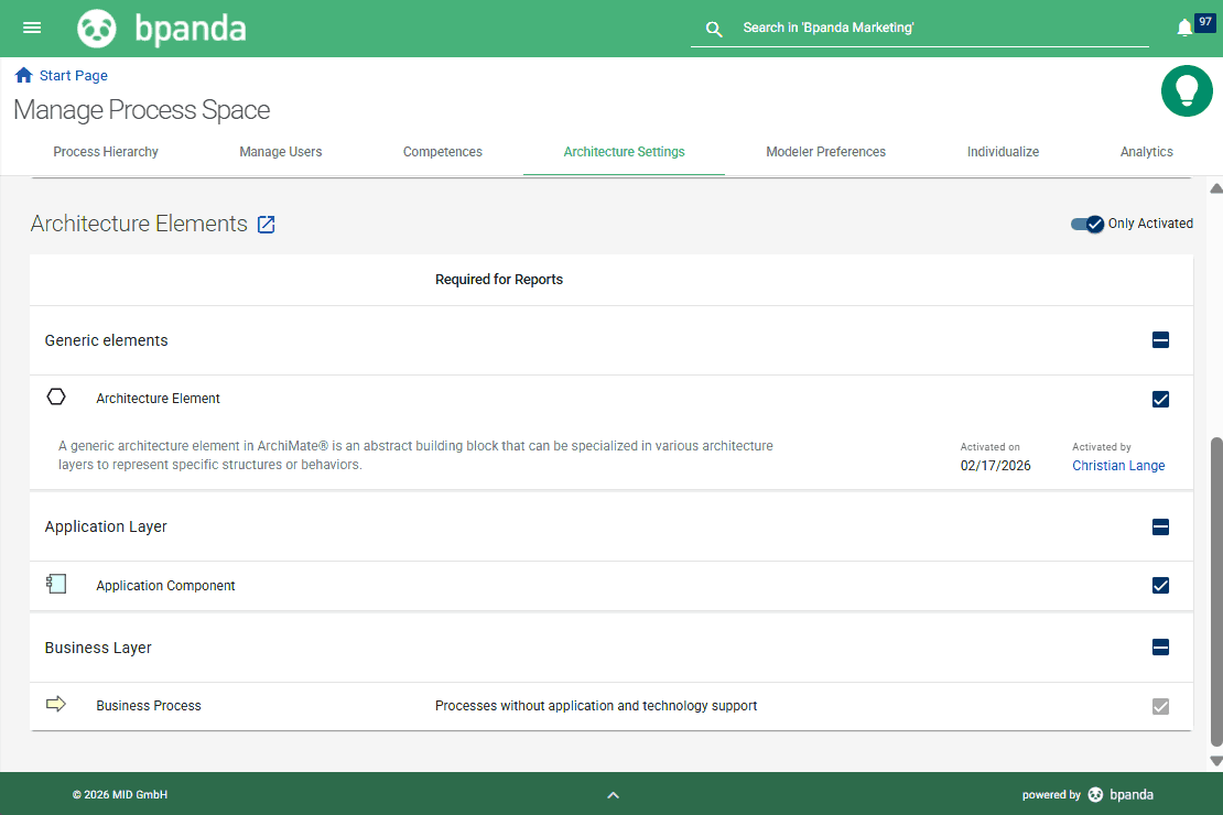 Bpanda | Create and maintain architecture elements: An overview for managing architecture elements in Bpanda according to the ArchiMate® standard, with expandable sections for generic elements, the application layer and the business layer. Activated architecture elements — such as application components and business processes — are displayed with descriptions, activation date and responsible owners. Toggle at the top to show “Active only” elements.