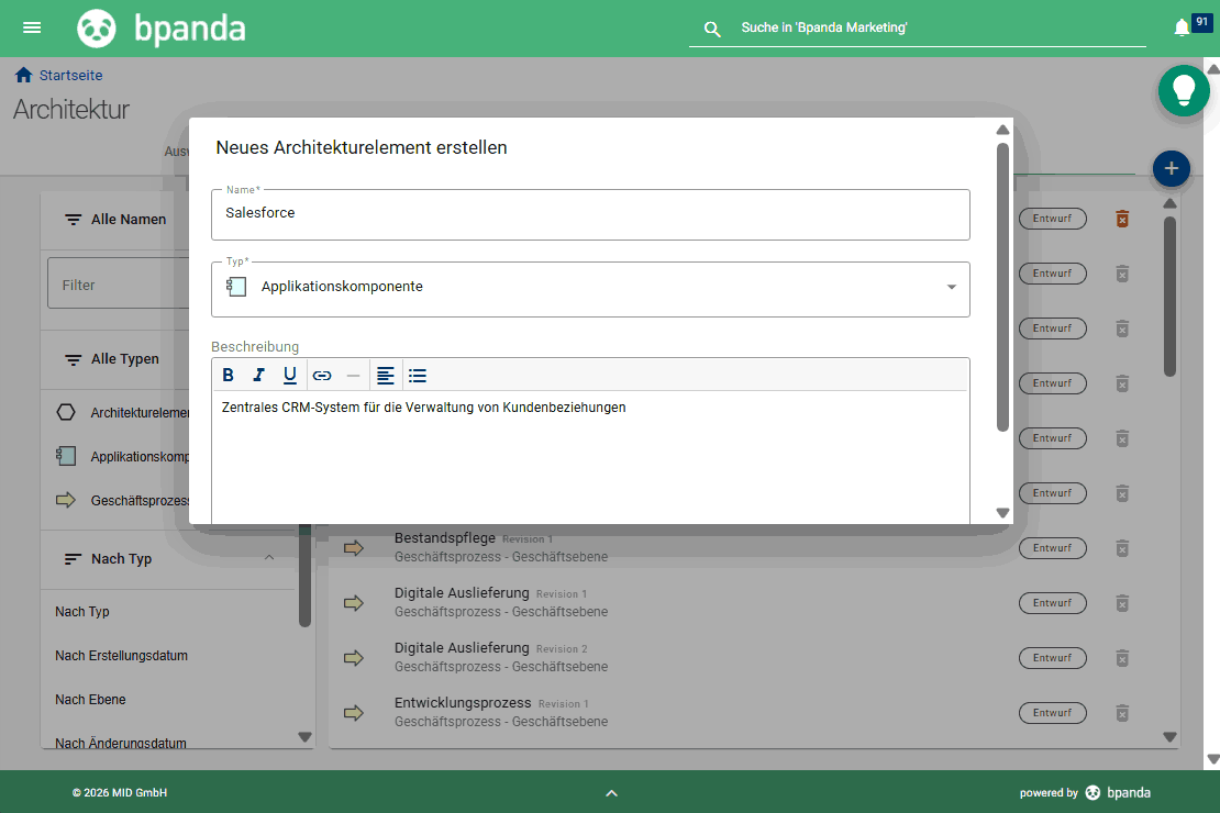 Bpanda Release Februar 2026 | Architektur: Architekturelemente anlegen und bearbeiten