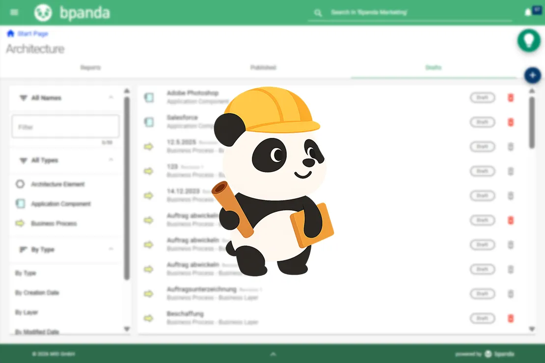 Bpanda | ArchiMate® import and export — Home page of the architecture dashboard in Bpanda with the element list shown out of focus. In the foreground, a drawn panda wearing a hard hat and holding a blueprint symbolizes the upcoming ArchiMate® import and export feature, indicating a new capability for flexible data transfer.
