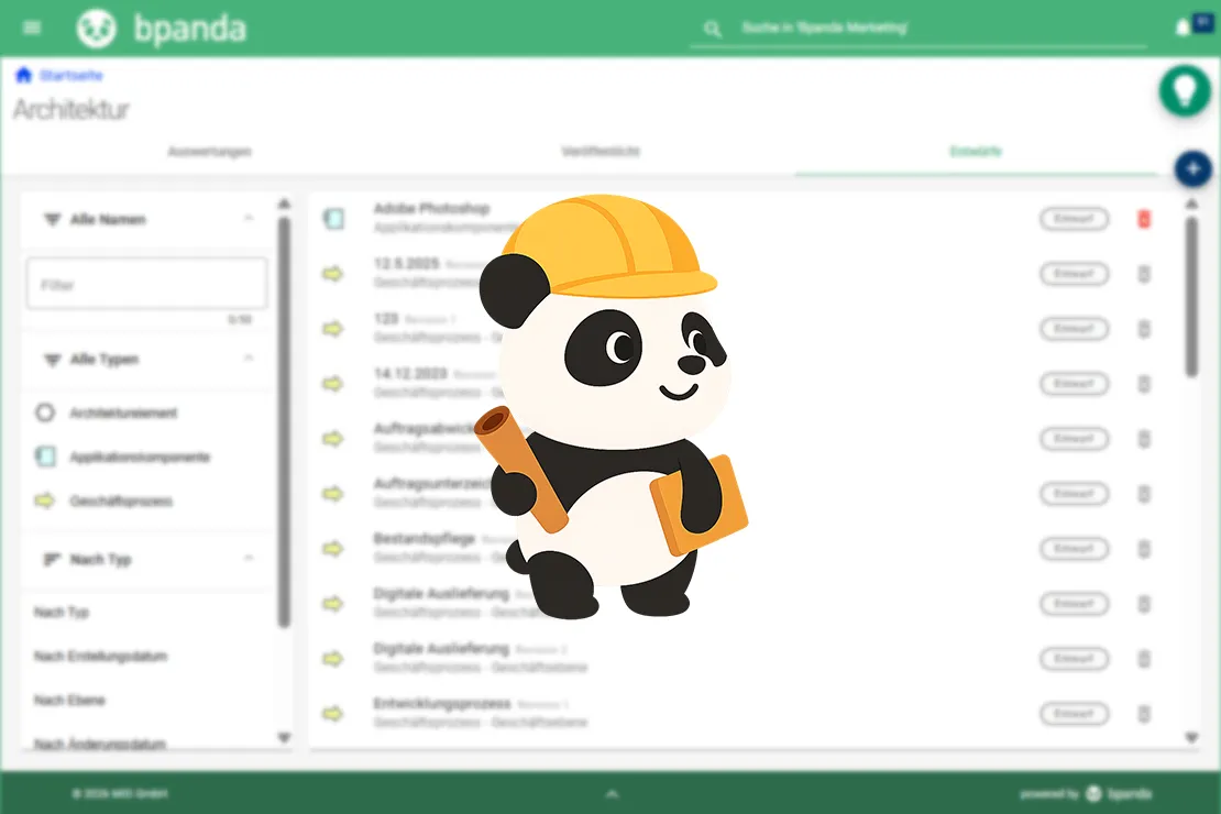 Bpanda | ArchiMate®-Import und -Export: Startseite des Architektur-Dashboards in Bpanda mit unscharf dargestellter Elementenliste. Im Vordergrund ist ein gezeichneter Panda mit Bauhelm und Bauplan als Symbol für den kommenden ArchiMate®-Import und -Export, was auf eine neue Funktion zur flexiblen Datenübertragung hinweist.